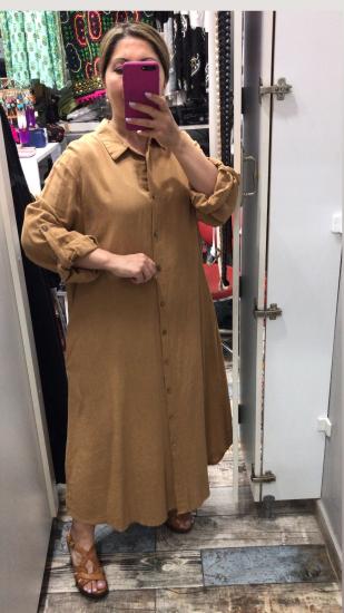 Pamuk keten gömlek elbise fit model camel renk
